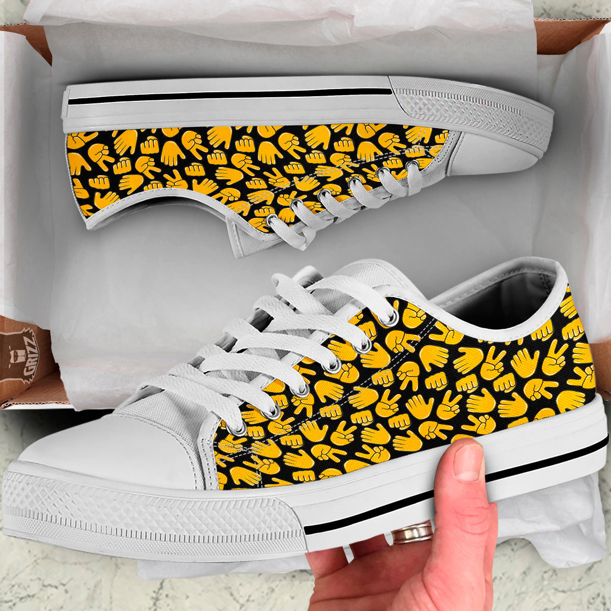 Scissors Paper Rock Emoji Print Pattern White Low Top Shoes-grizzshop