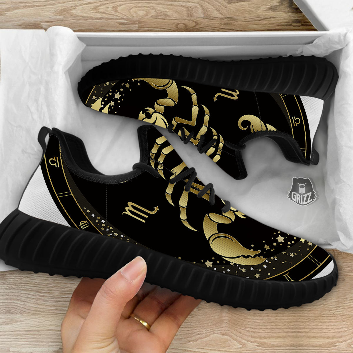 Scorpio Sign Black And Gold Print Black Walking Shoes-grizzshop