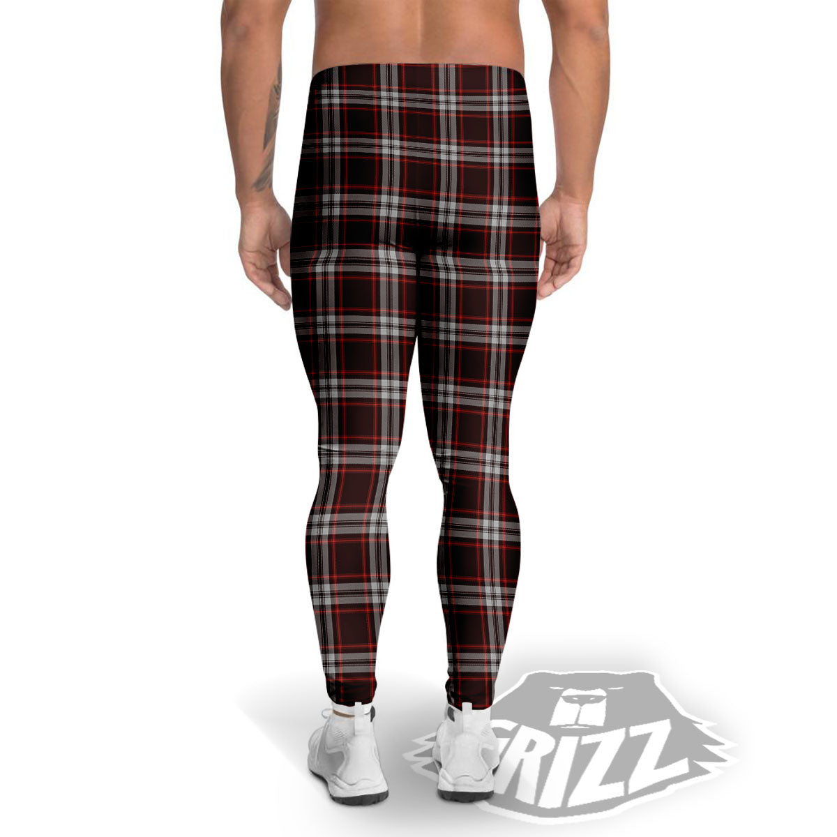 Scottish Plaid Grey Black And Red Print Men's Leggings-grizzshop