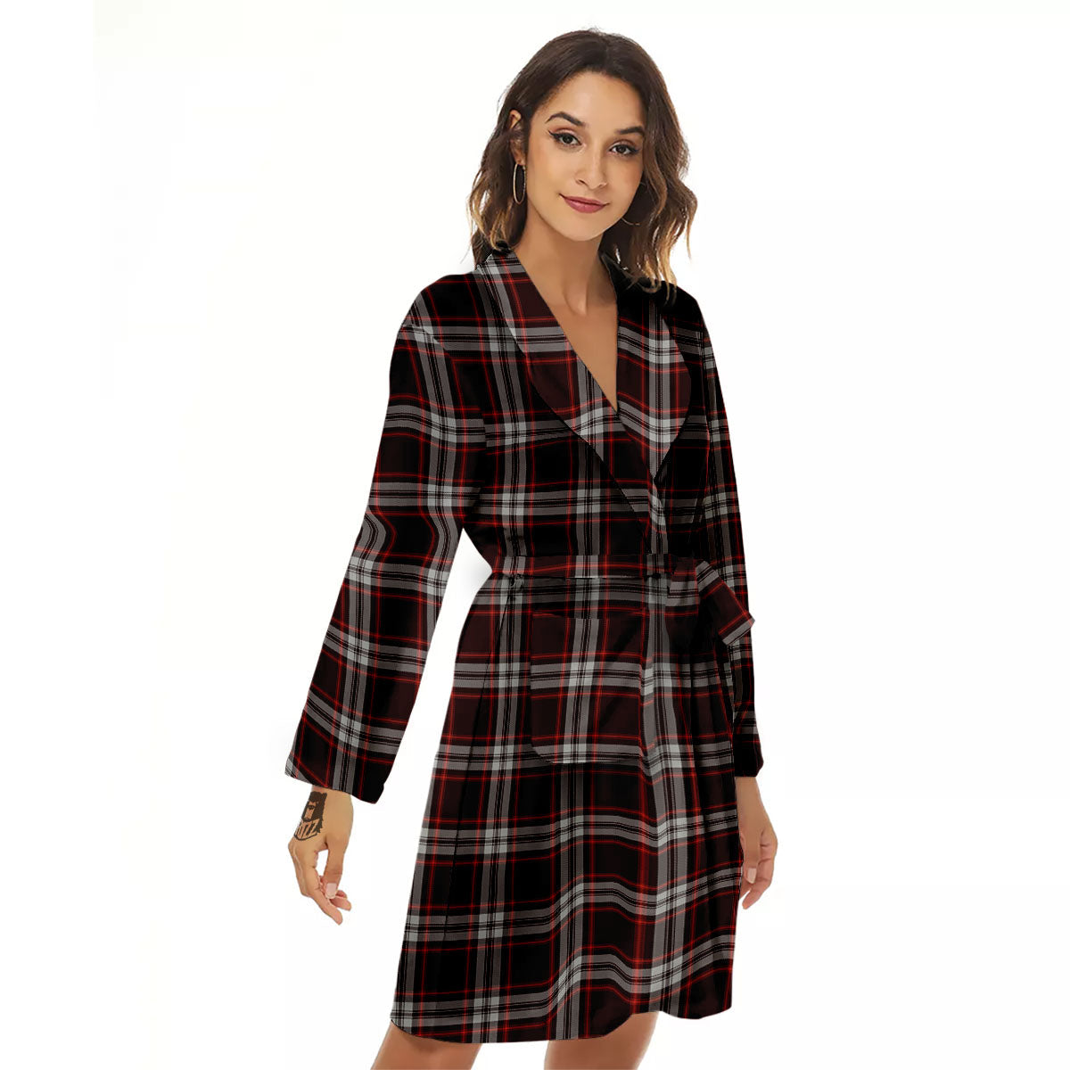 Scottish Plaid Grey Black And Red Print Women's Robe-grizzshop