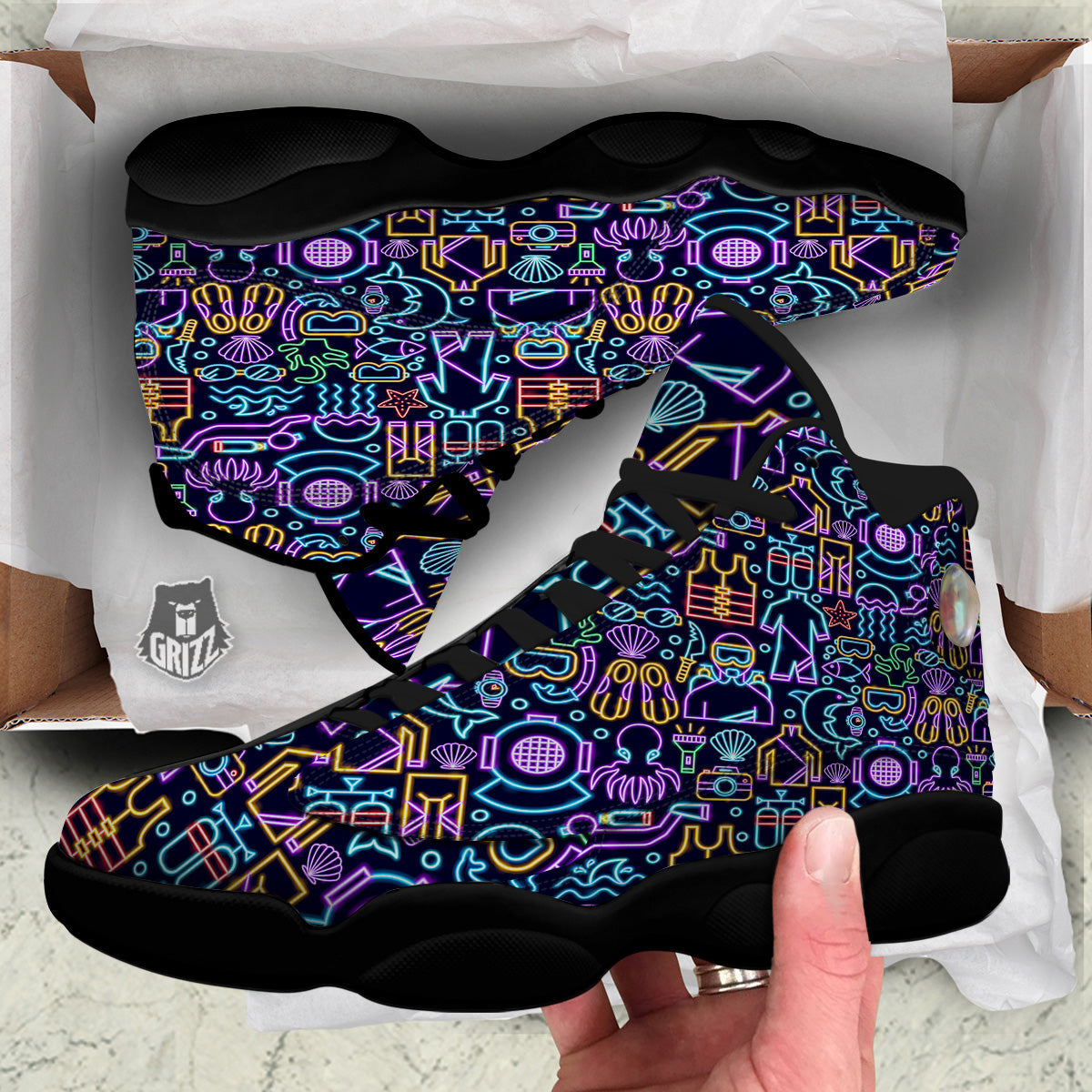 Scuba Diver Neon Print Pattern Black Basketball Shoes-grizzshop