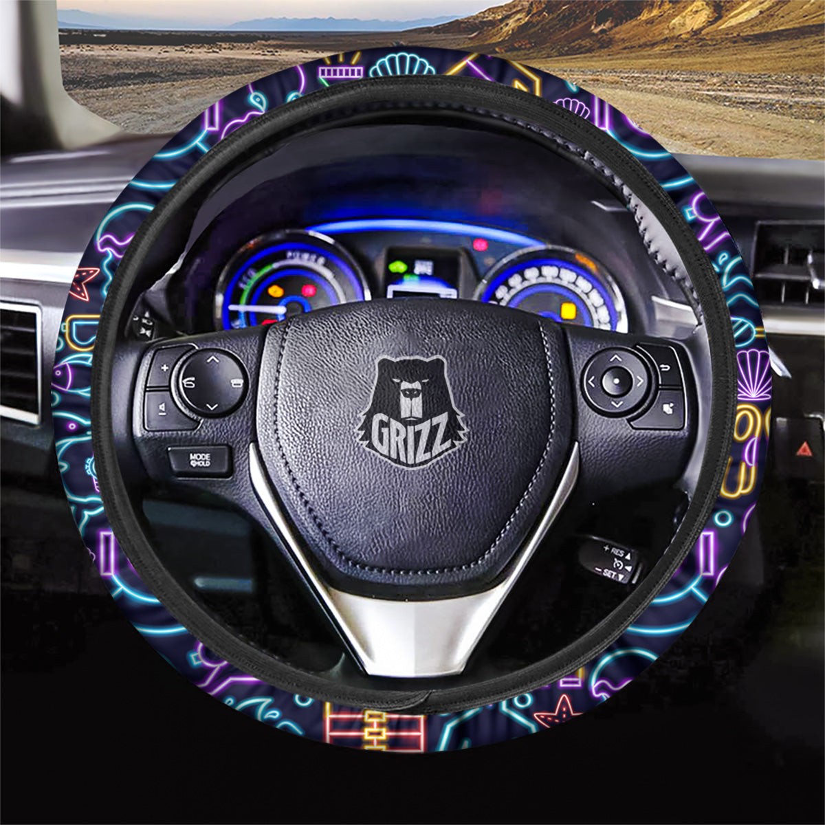 Scuba Diver Neon Print Pattern Car Steering Wheel Cover-grizzshop
