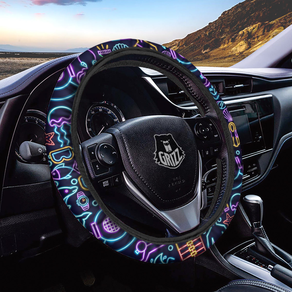 Scuba Diver Neon Print Pattern Car Steering Wheel Cover-grizzshop