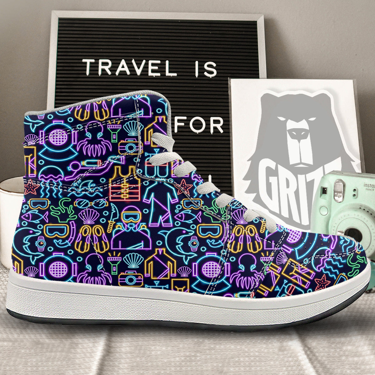 Scuba Diver Neon Print Pattern High Top Sneakers-grizzshop