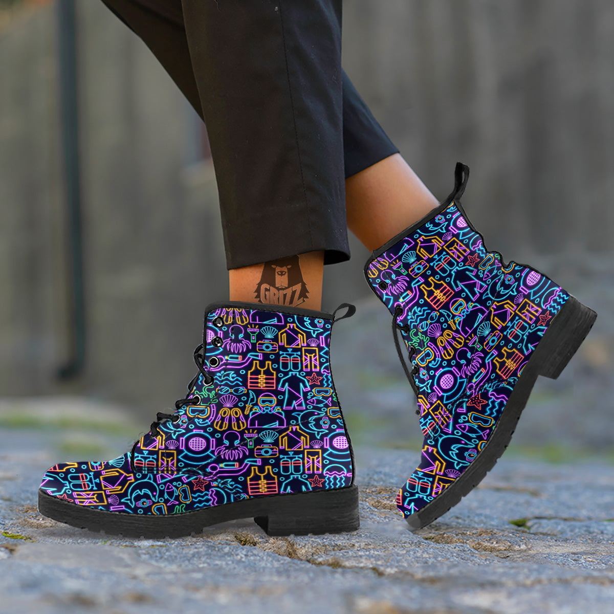 Scuba Diver Neon Print Pattern Leather Boots-grizzshop