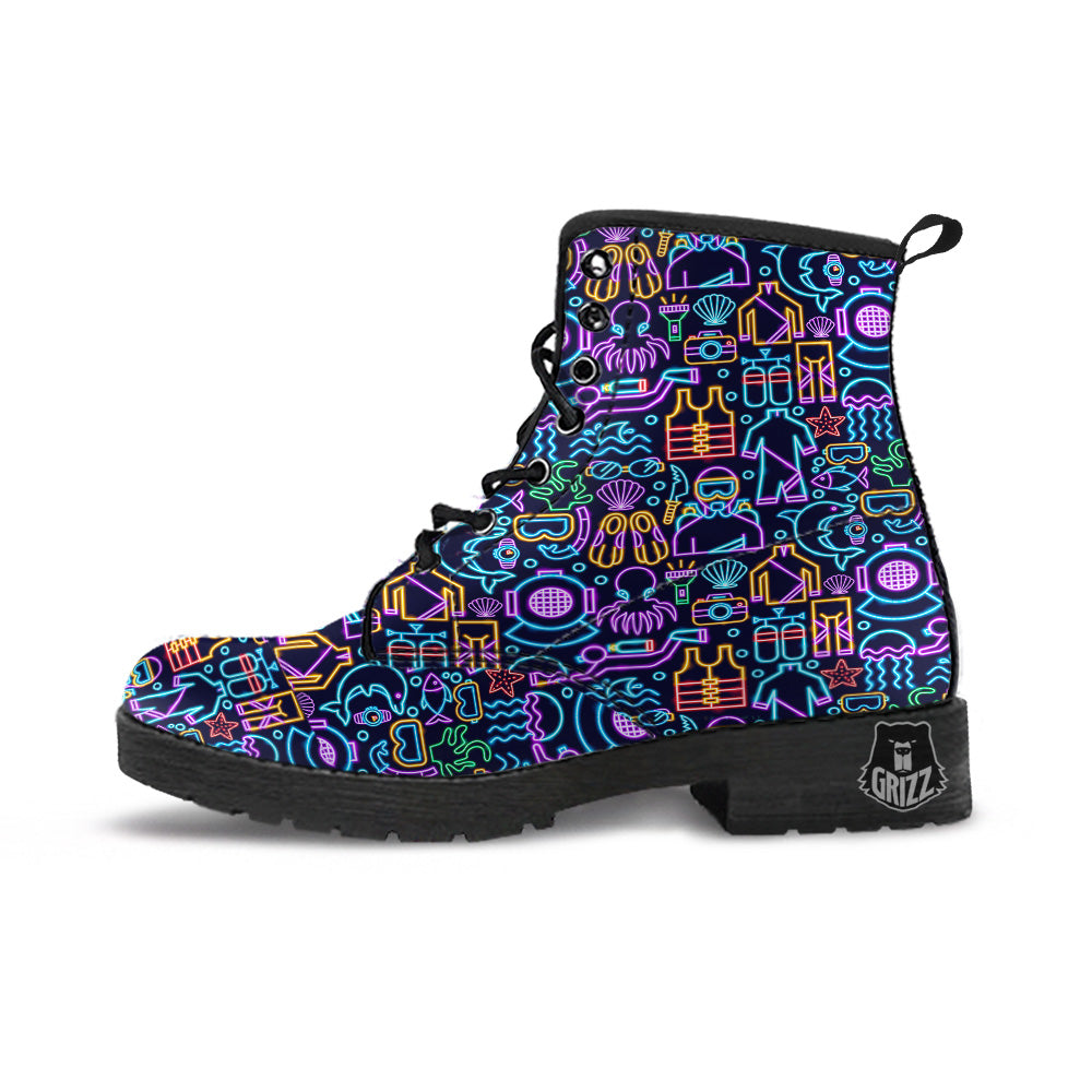 Scuba Diver Neon Print Pattern Leather Boots-grizzshop