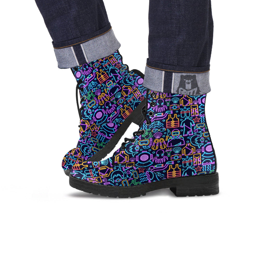 Scuba Diver Neon Print Pattern Leather Boots-grizzshop