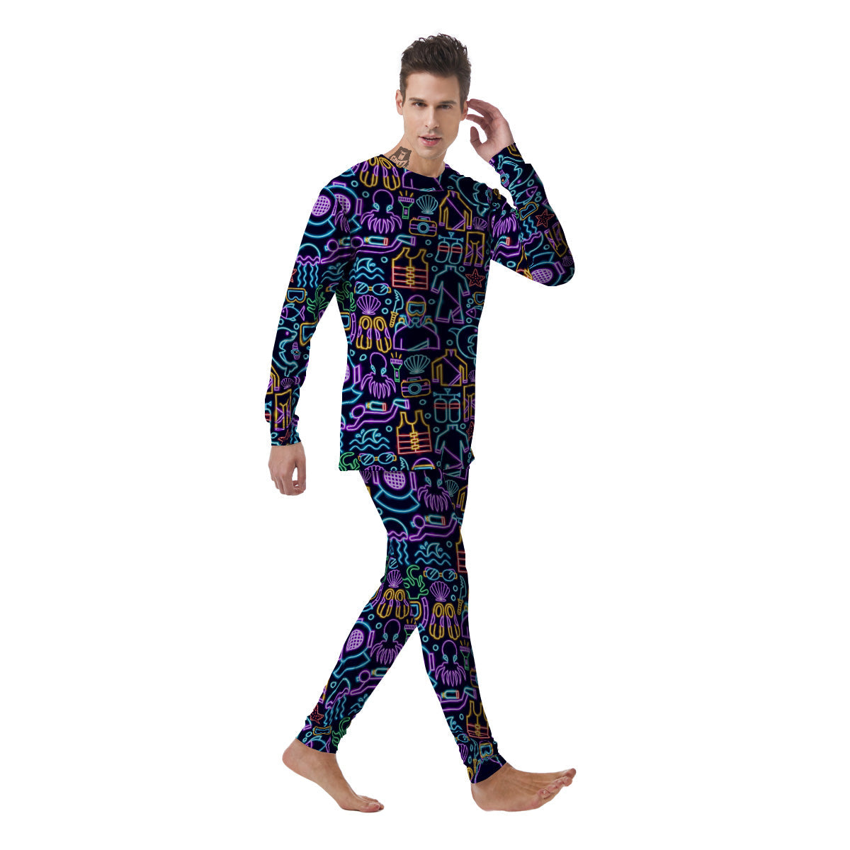 Scuba Diver Neon Print Pattern Men's Pajamas-grizzshop