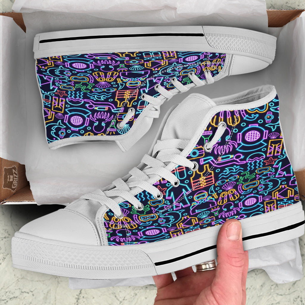 Scuba Diver Neon Print Pattern White High Top Shoes-grizzshop