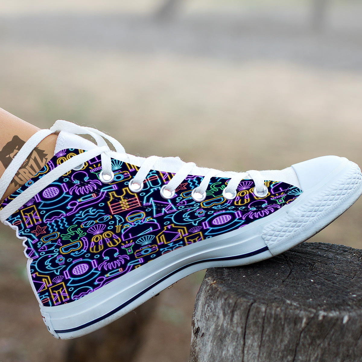 Scuba Diver Neon Print Pattern White High Top Shoes-grizzshop