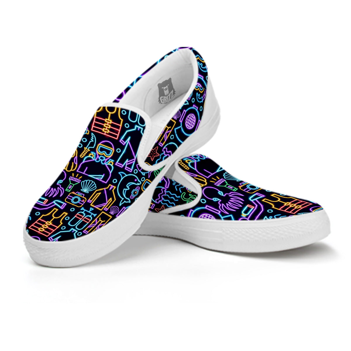 Scuba Diver Neon Print Pattern White Slip On Shoes-grizzshop