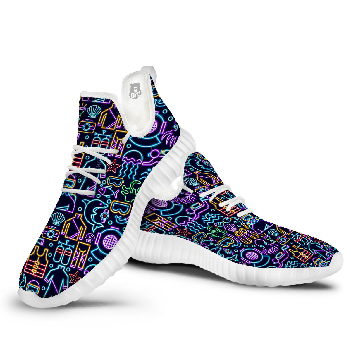 Scuba Diver Neon Print Pattern White Walking Shoes-grizzshop