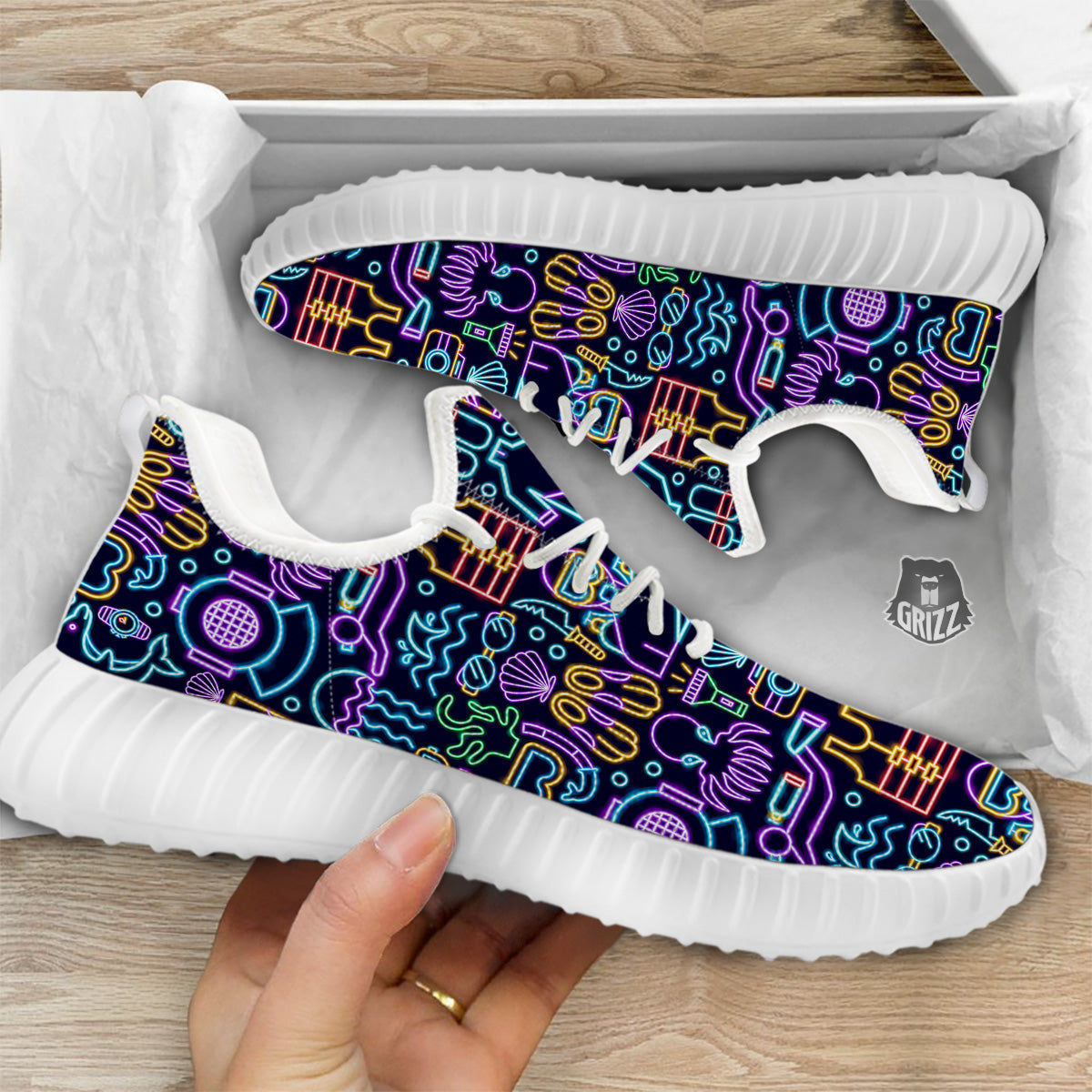 Scuba Diver Neon Print Pattern White Walking Shoes-grizzshop