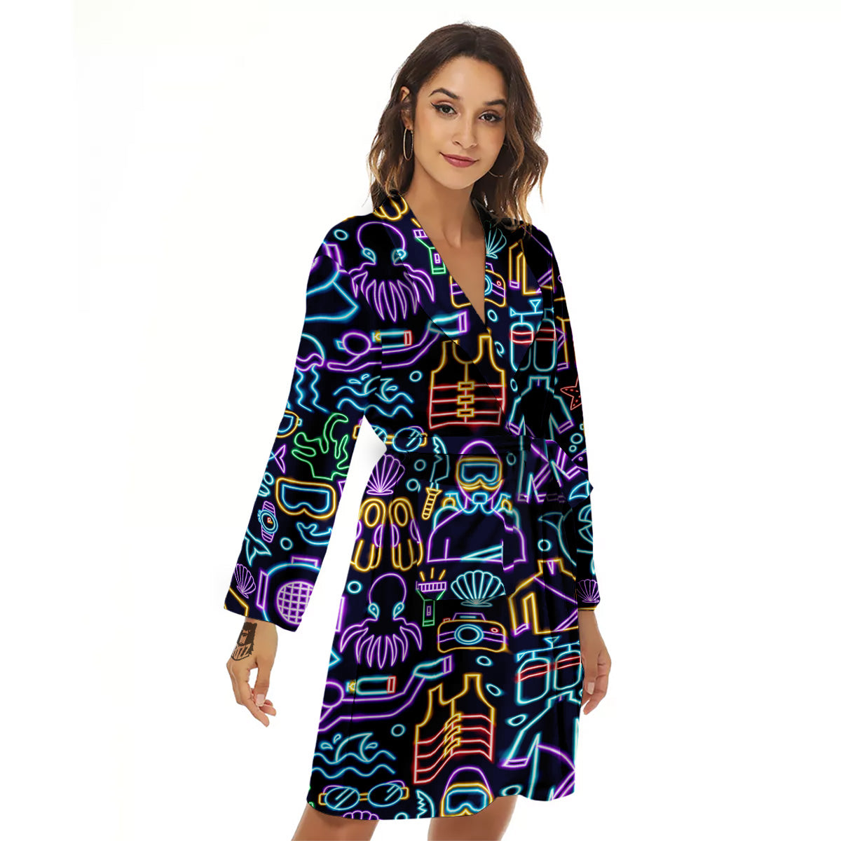 Scuba Diver Neon Print Pattern Women's Robe-grizzshop