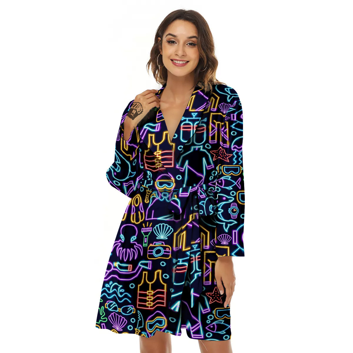 Scuba Diver Neon Print Pattern Women's Robe-grizzshop
