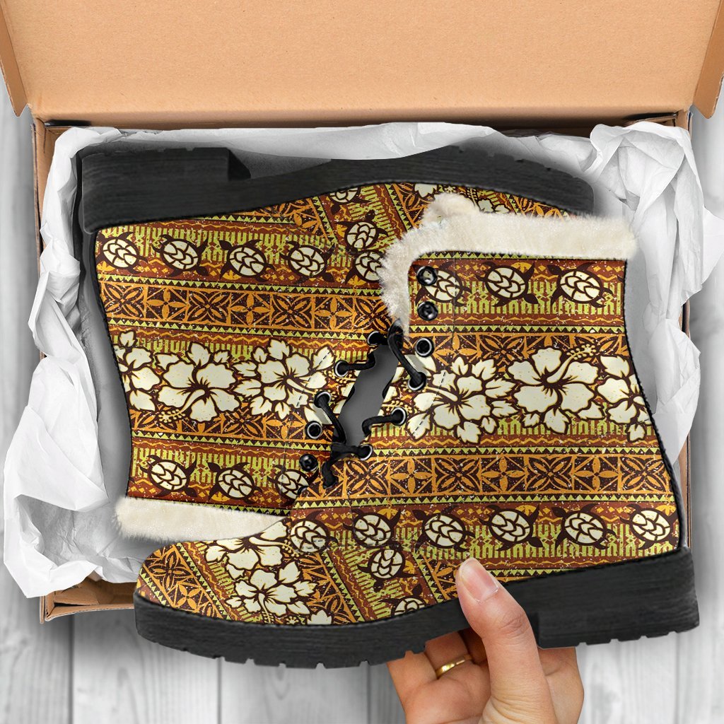 Sea Turtle Aztec Hibiscus Hawaiian Pattern Print Comfy Winter Boots-grizzshop