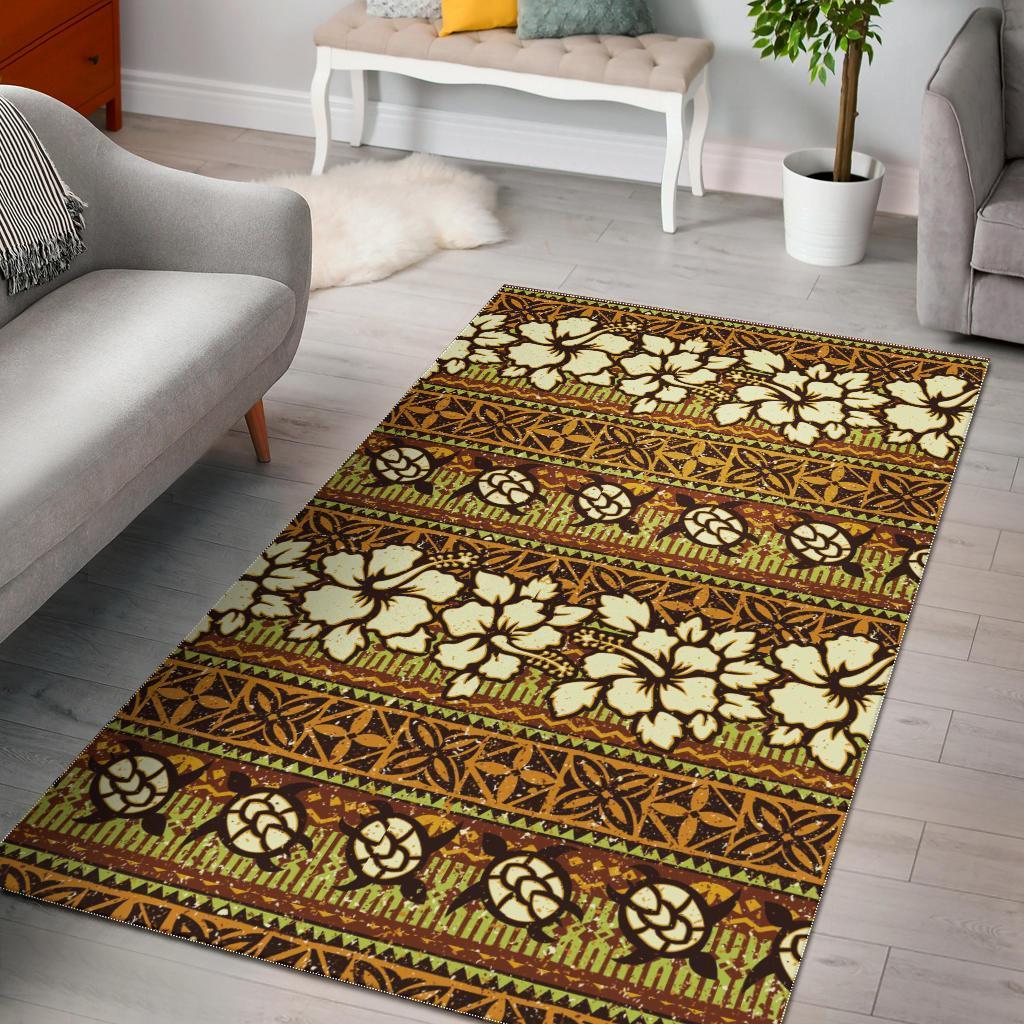 Sea Turtle Aztec Hibiscus Hawaiian Pattern Print Floor Mat-grizzshop