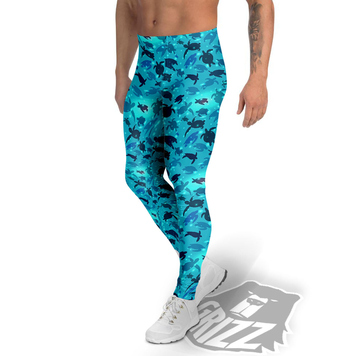 Sea Turtle Black And Blue Print Pattern Men's Leggings-grizzshop