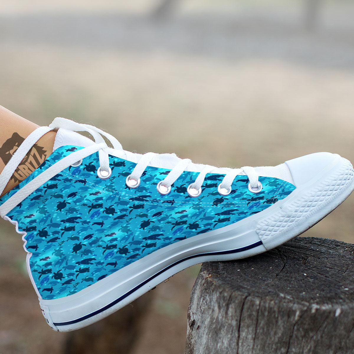 Sea Turtle Black And Blue Print Pattern White High Top Shoes-grizzshop