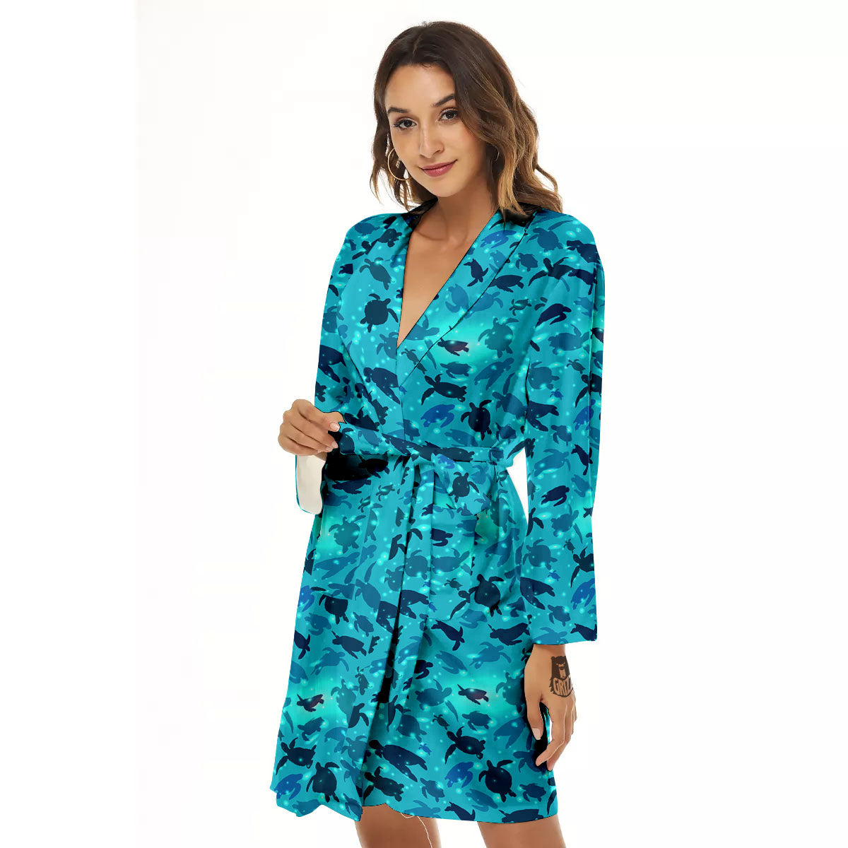 Sea Turtle Black And Blue Print Pattern Women's Robe-grizzshop