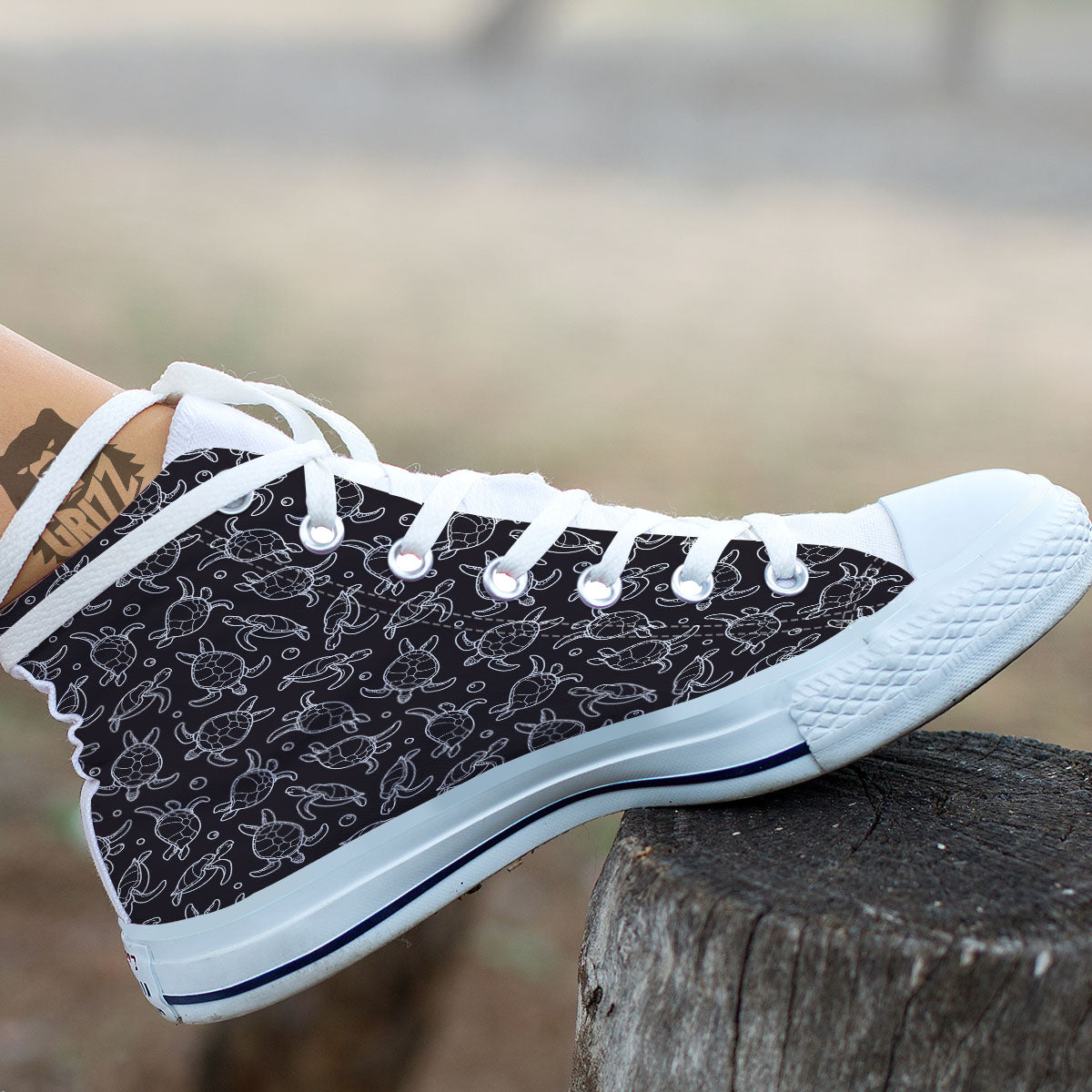 Sea Turtle Black And White Print Pattern White High Top Shoes-grizzshop