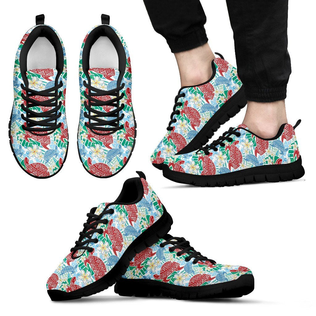 Sea Turtle Floral Hawaiian Pattern Print Black Sneaker Shoes For Men Women-grizzshop