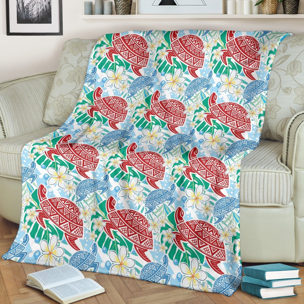 Sea Turtle Floral Hawaiian Pattern Print Blanket-grizzshop