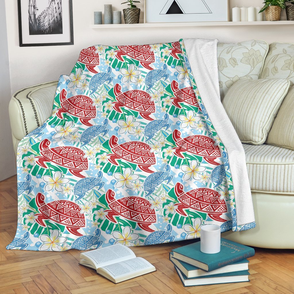Sea Turtle Floral Hawaiian Pattern Print Blanket-grizzshop