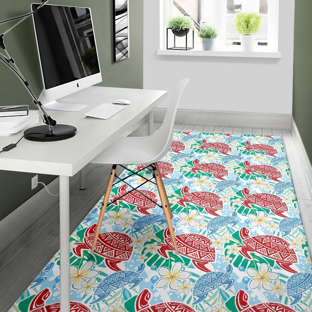 Sea Turtle Floral Hawaiian Pattern Print Floor Mat-grizzshop