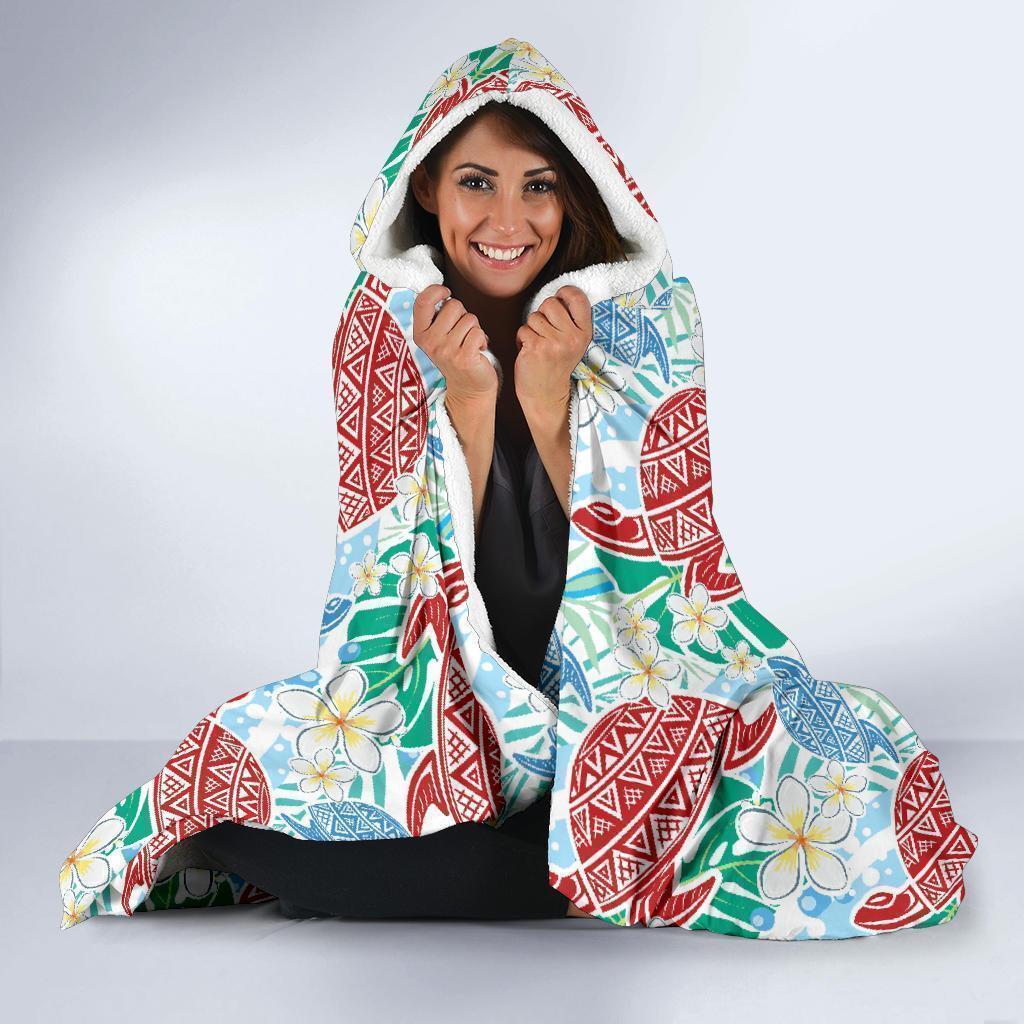 Sea Turtle Floral Hawaiian Pattern Print Hooded Blanket-grizzshop