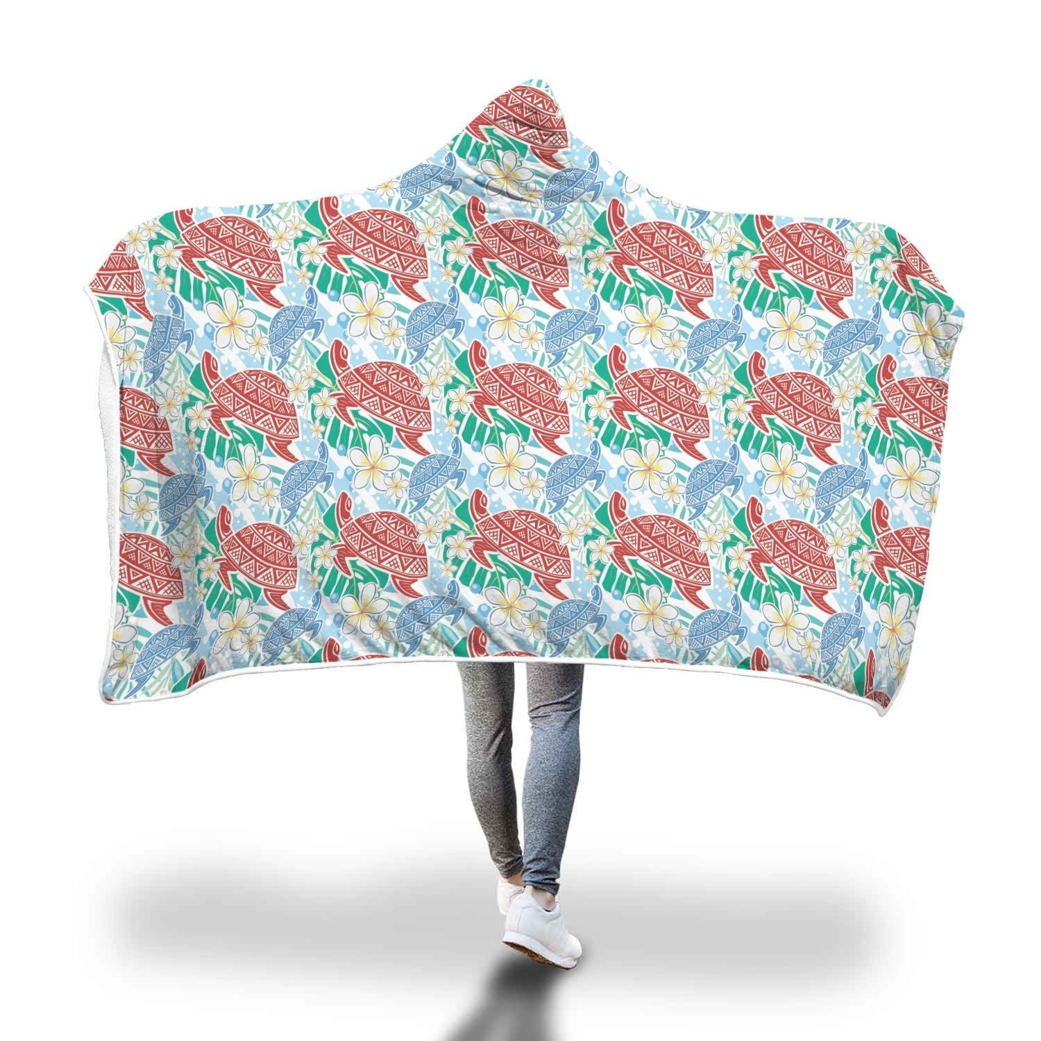 Sea Turtle Floral Hawaiian Pattern Print Hooded Blanket-grizzshop
