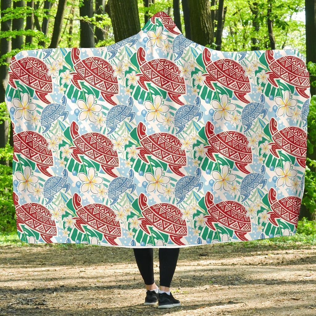 Sea Turtle Floral Hawaiian Pattern Print Hooded Blanket-grizzshop