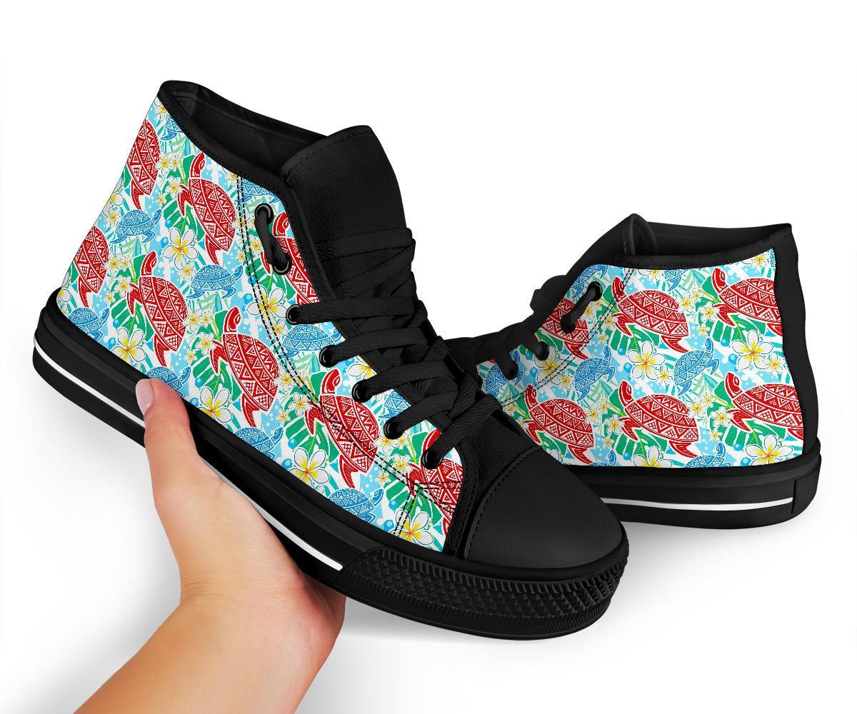 Sea Turtle Floral Hawaiian Pattern Print Men Women's High Top Shoes-grizzshop
