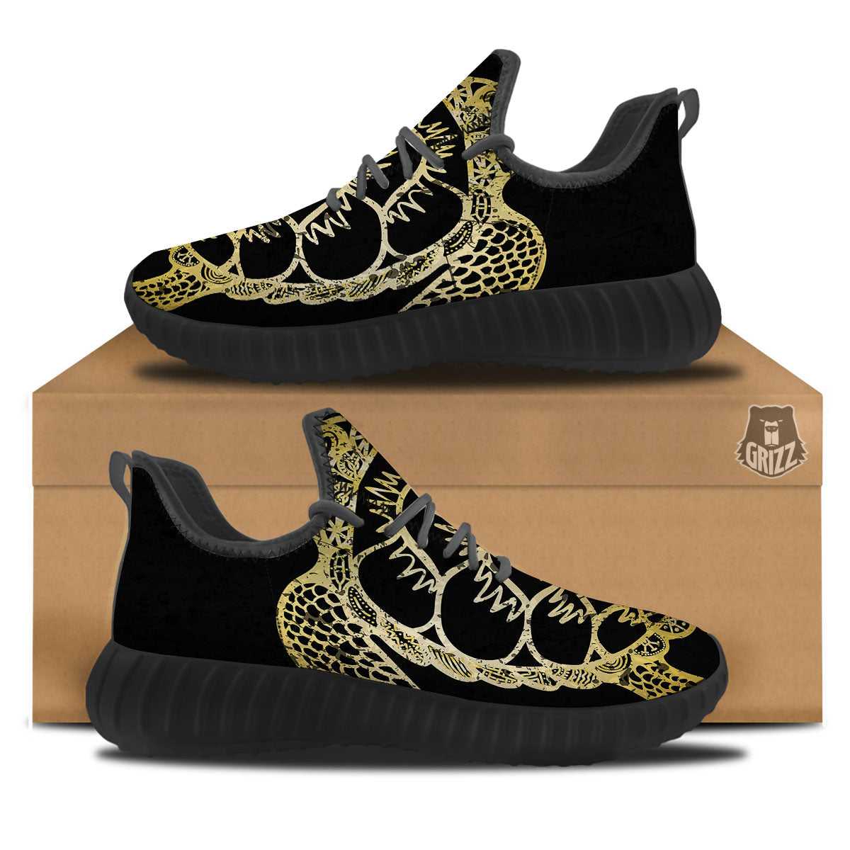 Sea Turtle Gold And Black Print Black Walking Shoes-grizzshop