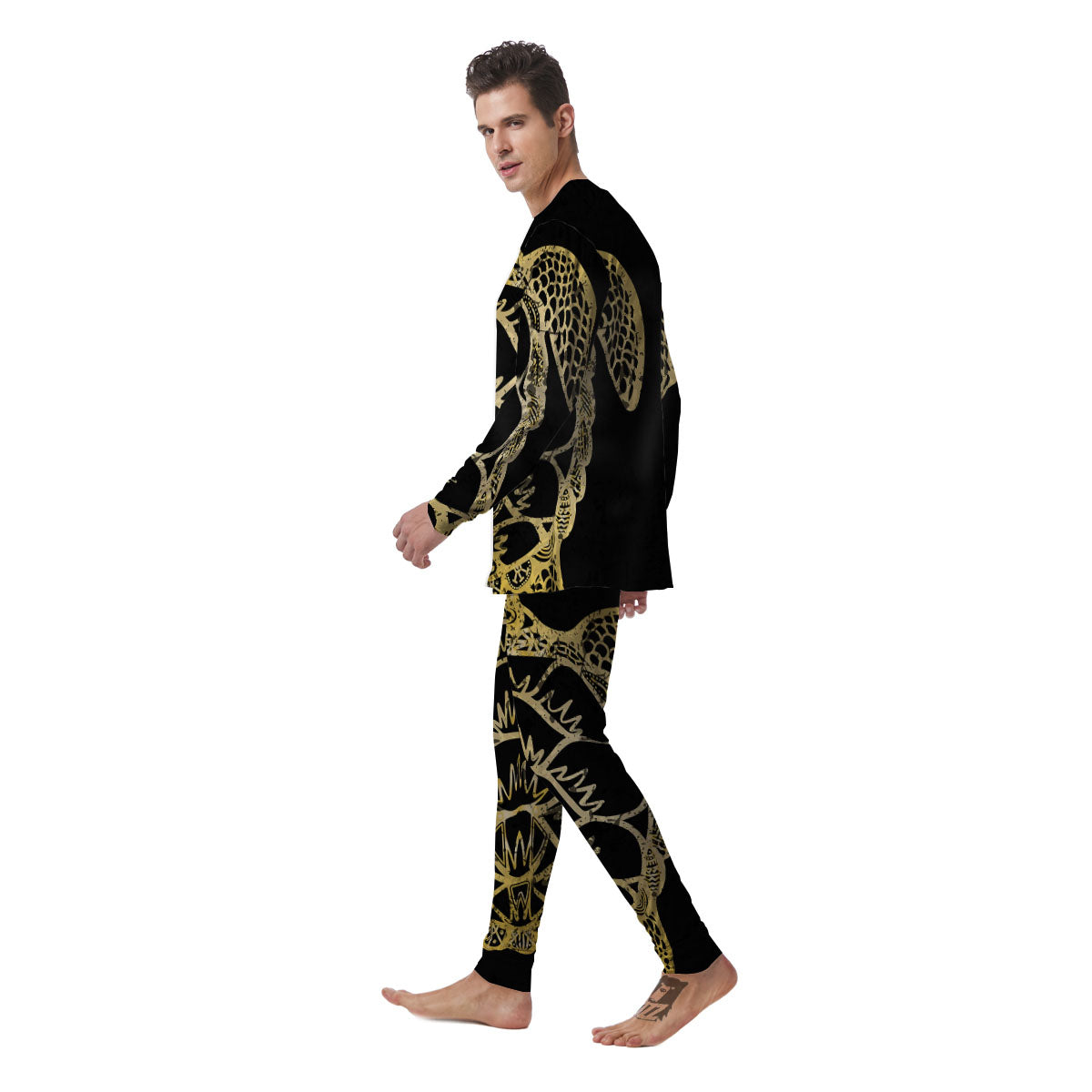 Sea Turtle Gold And Black Print Men's Pajamas-grizzshop