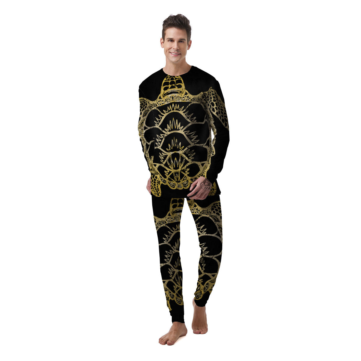 Sea Turtle Gold And Black Print Men's Pajamas-grizzshop