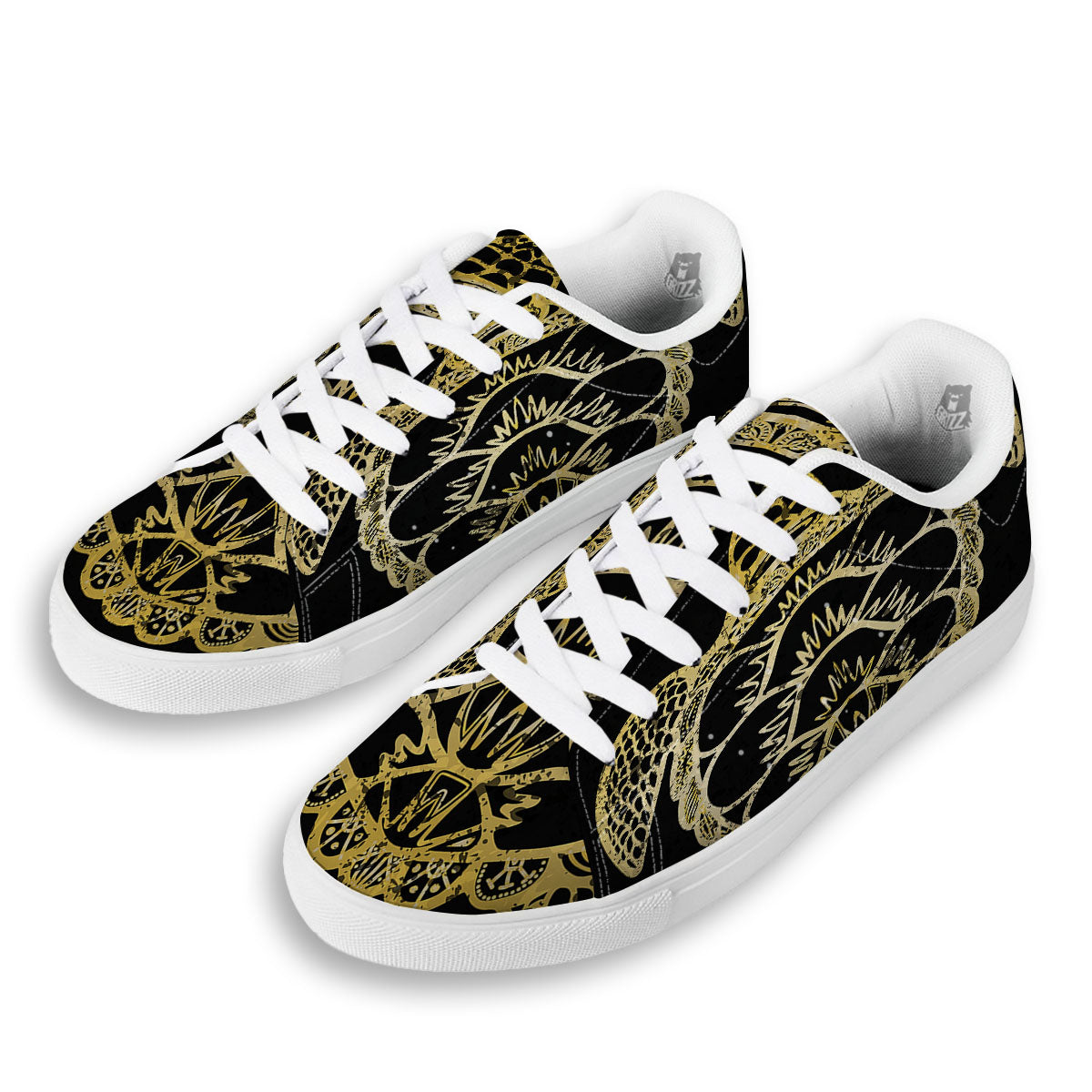 Sea Turtle Gold And Black Print White Low Top Sneakers-grizzshop