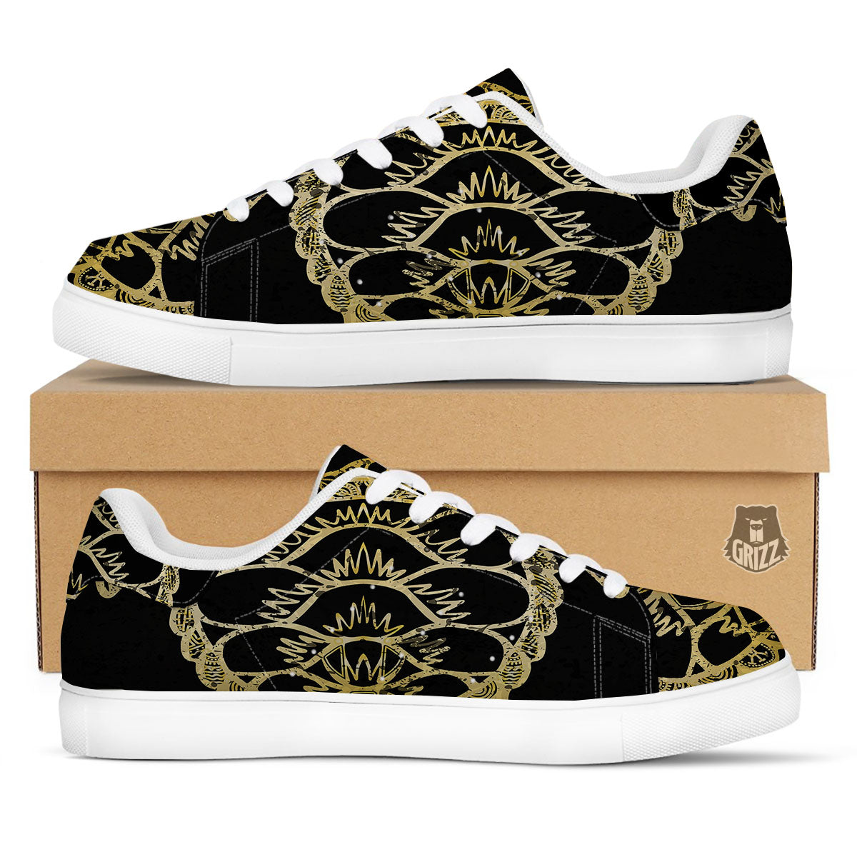 Sea Turtle Gold And Black Print White Low Top Sneakers-grizzshop