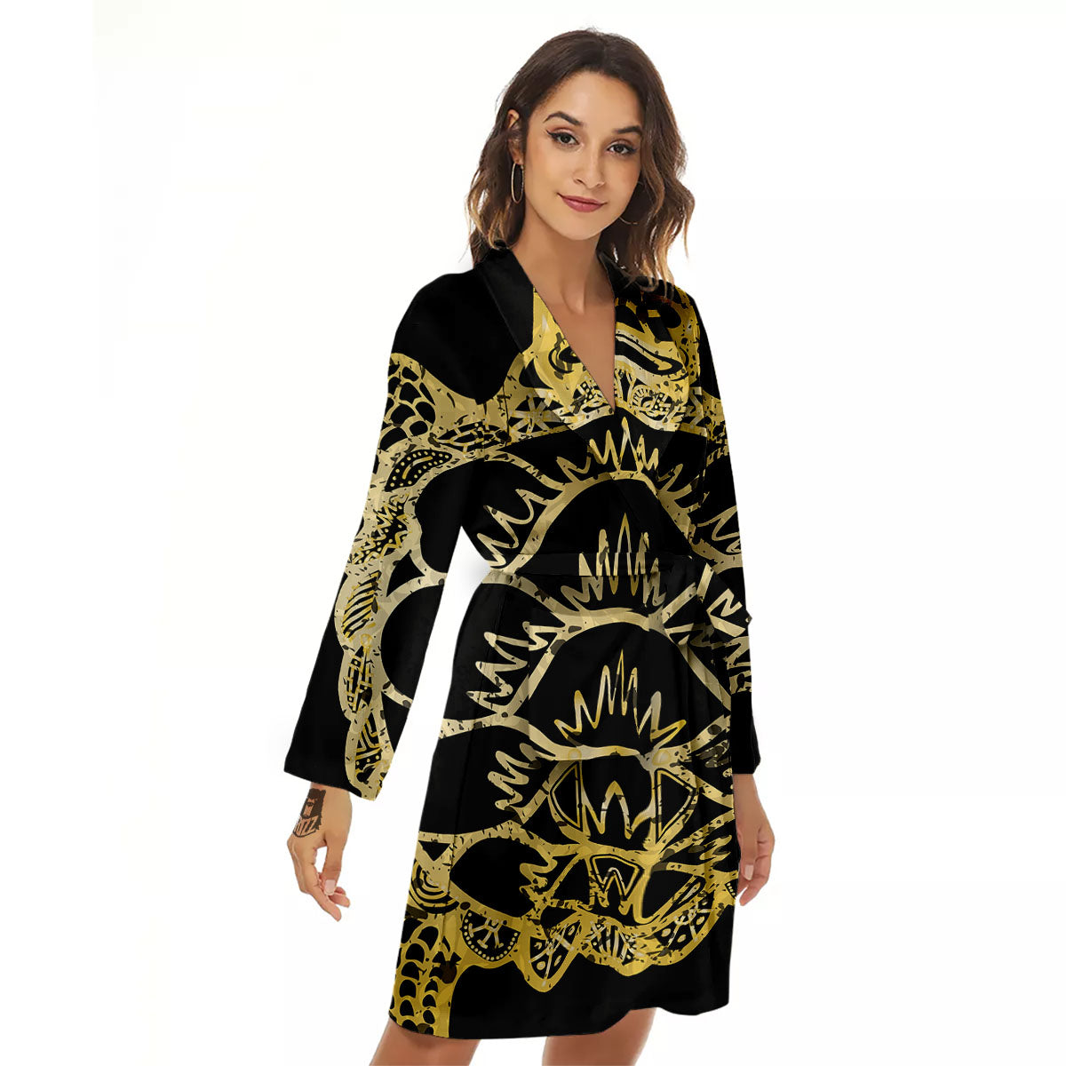 Sea Turtle Gold And Black Print Women's Robe-grizzshop