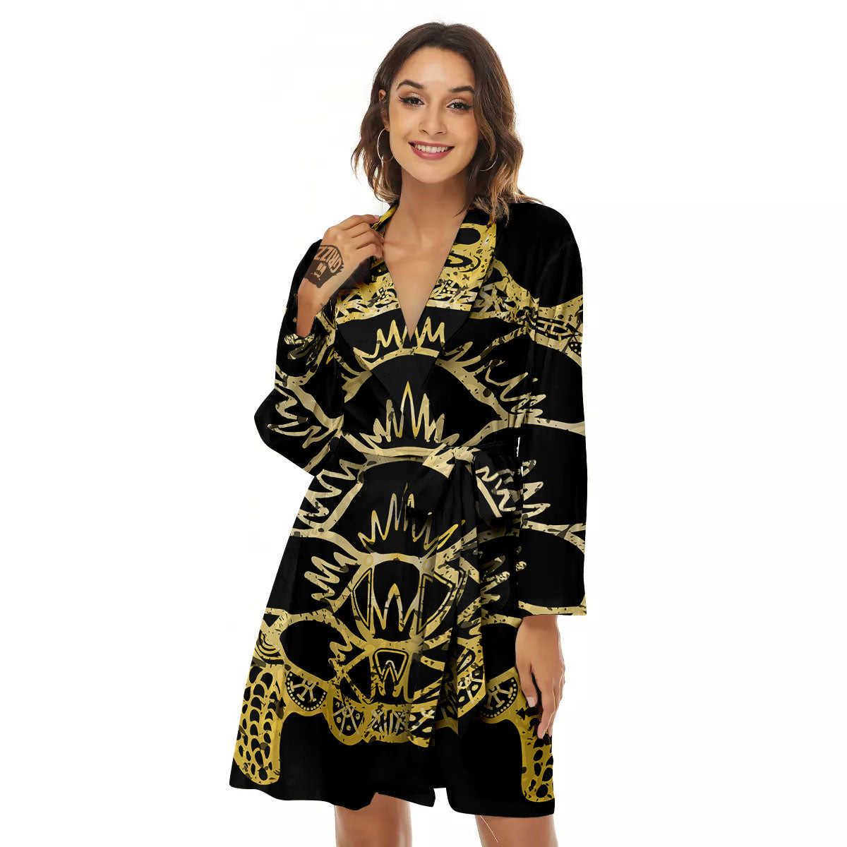 Sea Turtle Gold And Black Print Women's Robe-grizzshop
