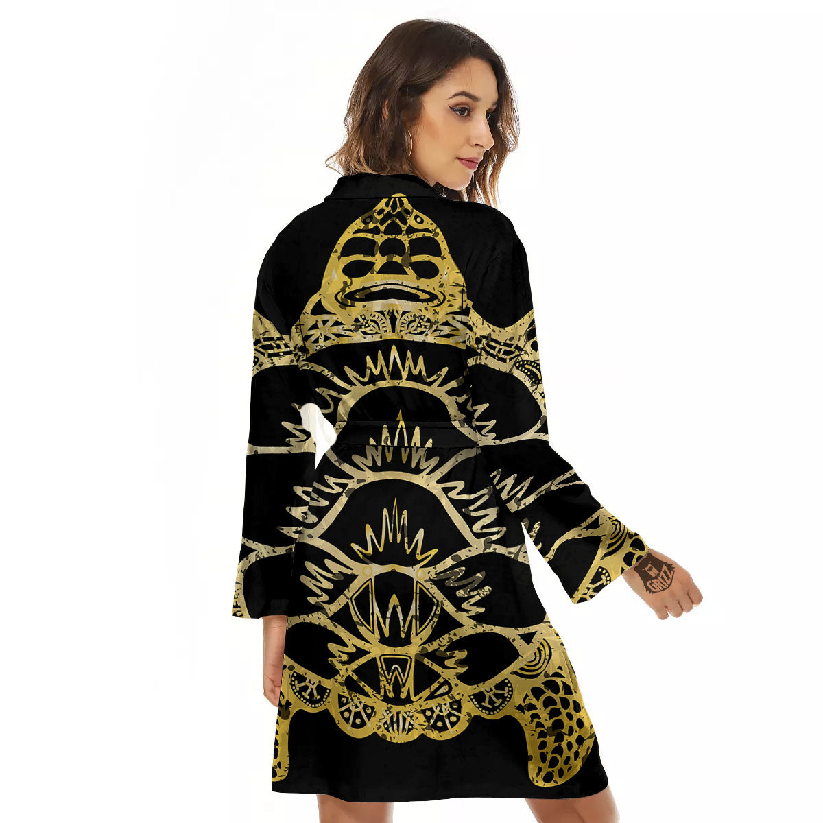 Sea Turtle Gold And Black Print Women's Robe-grizzshop