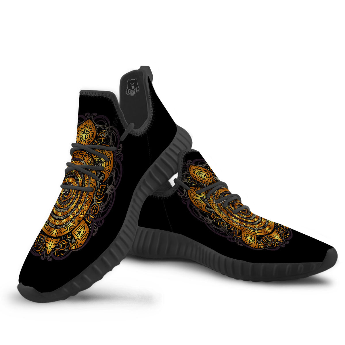 Sea Turtle Golden Tribal Print Black Walking Shoes-grizzshop