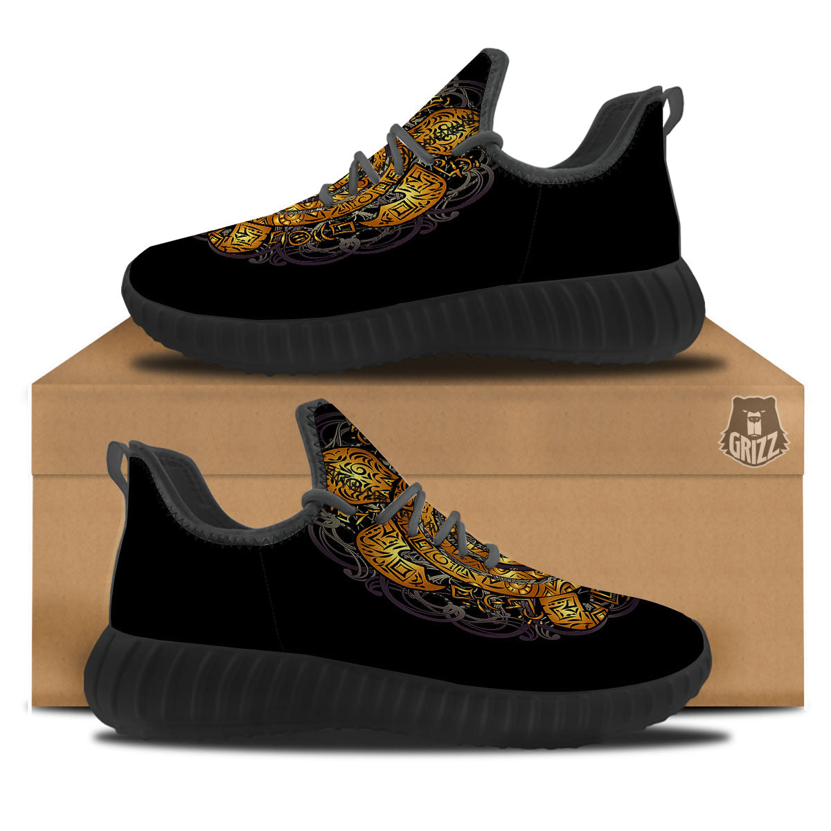 Sea Turtle Golden Tribal Print Black Walking Shoes-grizzshop