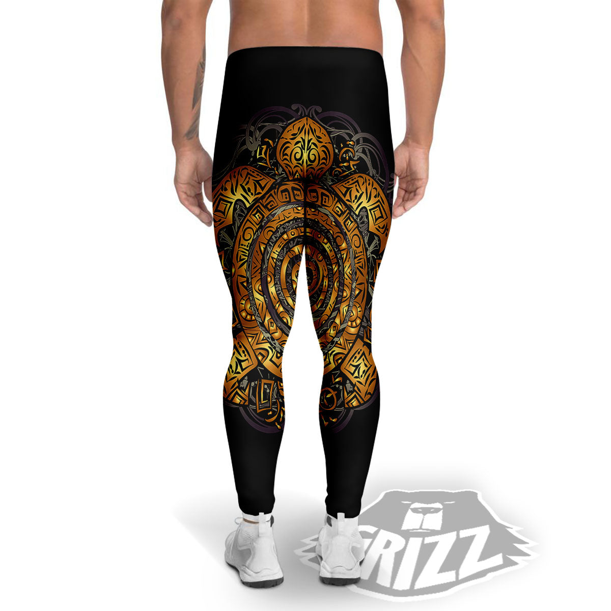 Sea Turtle Golden Tribal Print Men's Leggings-grizzshop