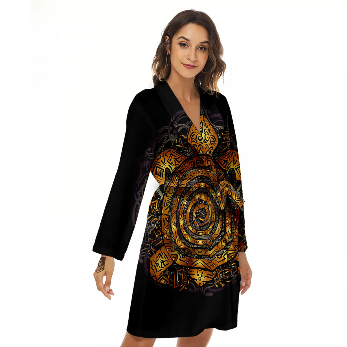 Sea Turtle Golden Tribal Print Women's Robe-grizzshop