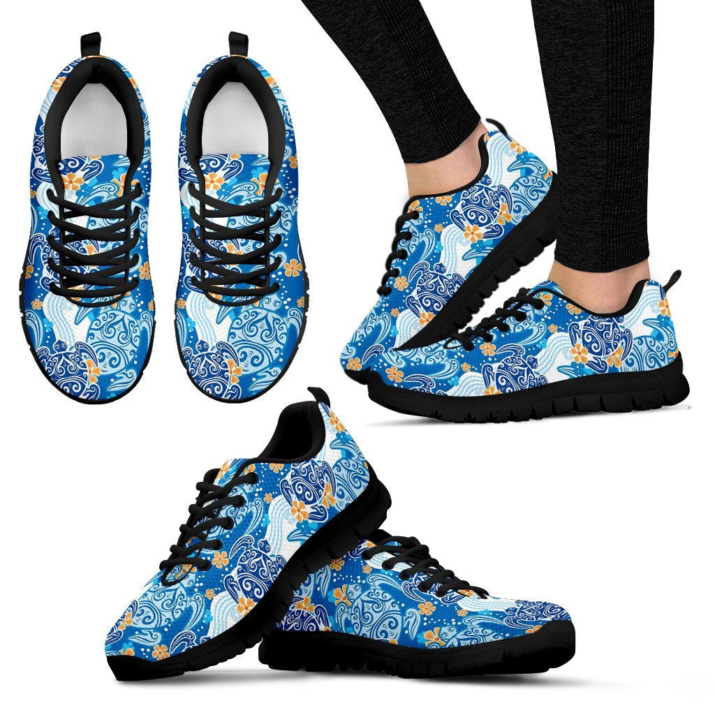 Sea Turtle Hawaiian Blue Pattern Print Black Sneaker Shoes For Men Women-grizzshop