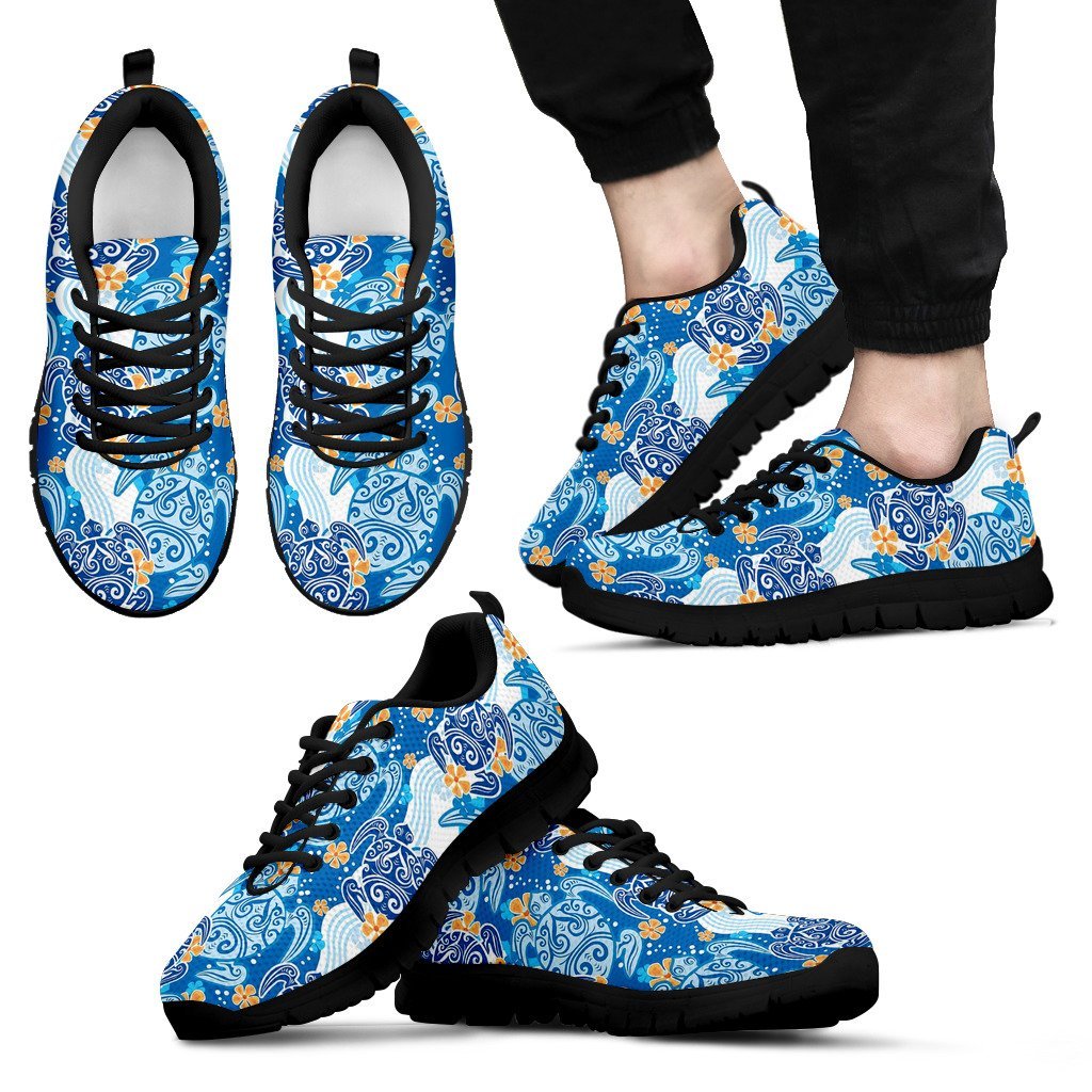 Sea Turtle Hawaiian Blue Pattern Print Black Sneaker Shoes For Men Women-grizzshop