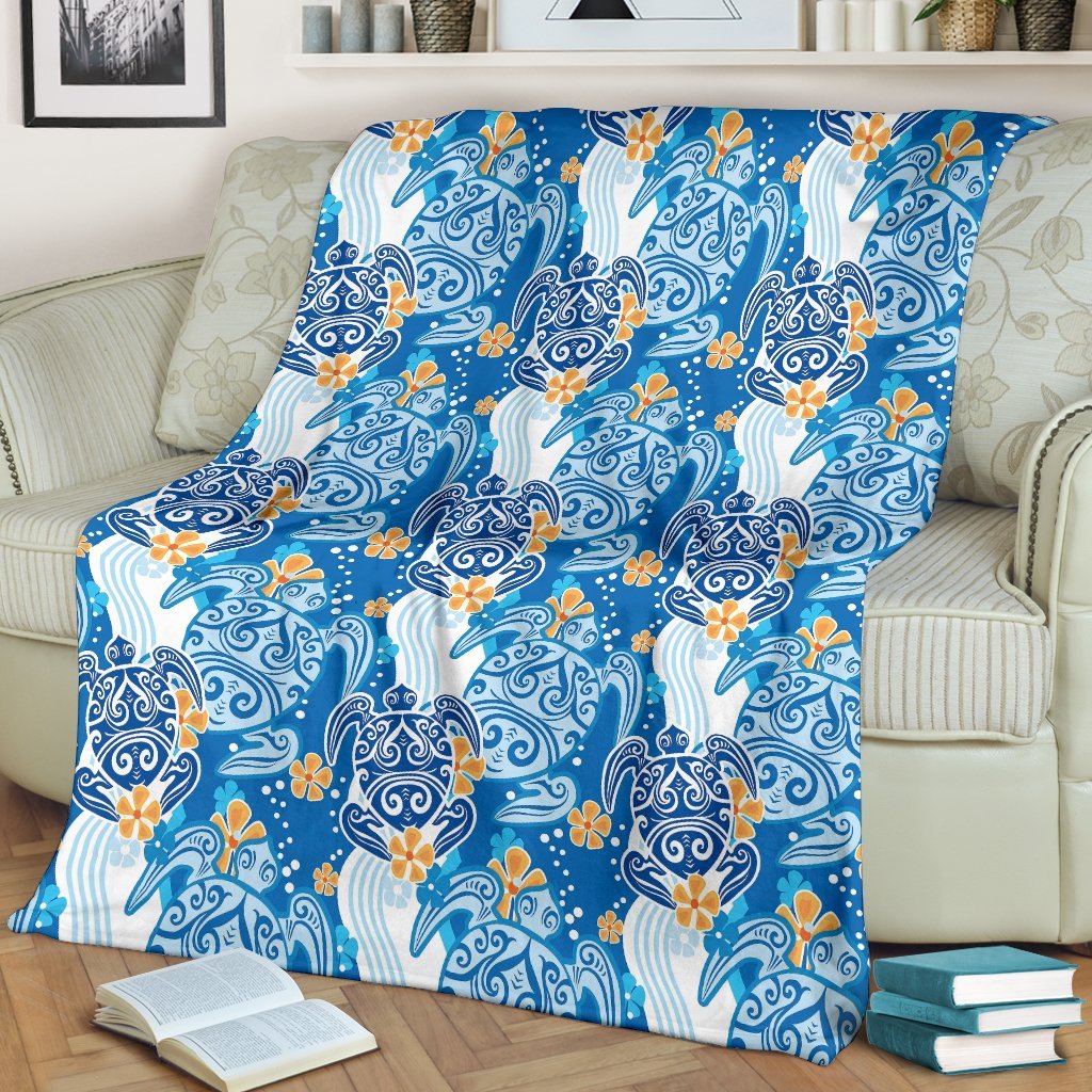 Sea Turtle Hawaiian Blue Pattern Print Blanket-grizzshop