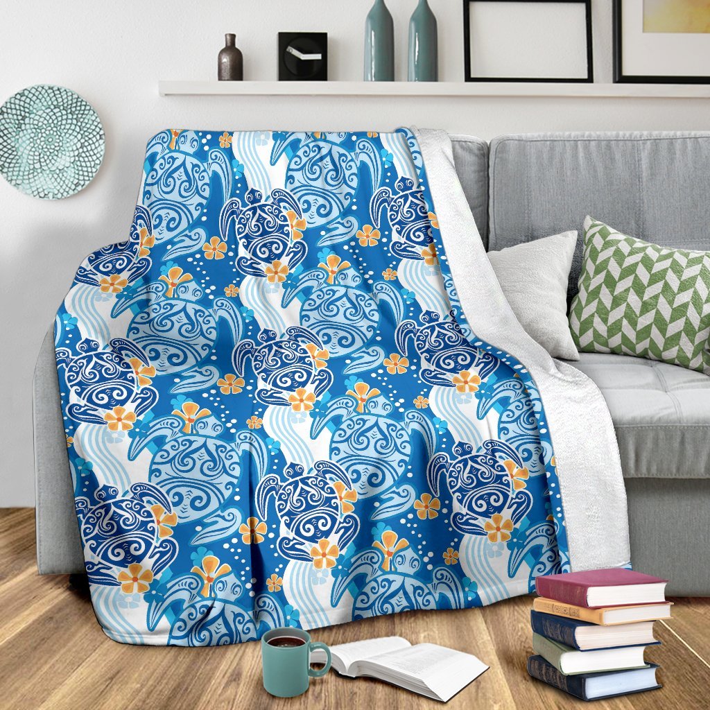 Sea Turtle Hawaiian Blue Pattern Print Blanket-grizzshop