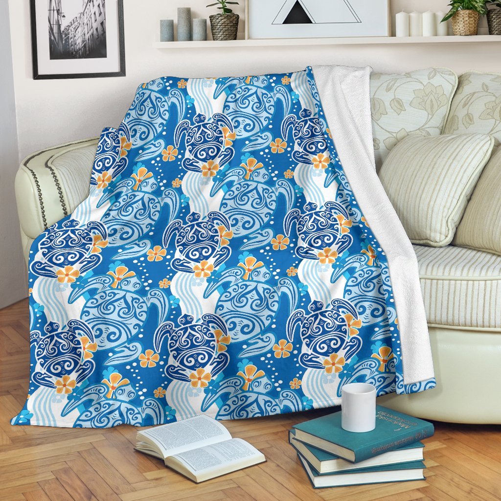 Sea Turtle Hawaiian Blue Pattern Print Blanket-grizzshop